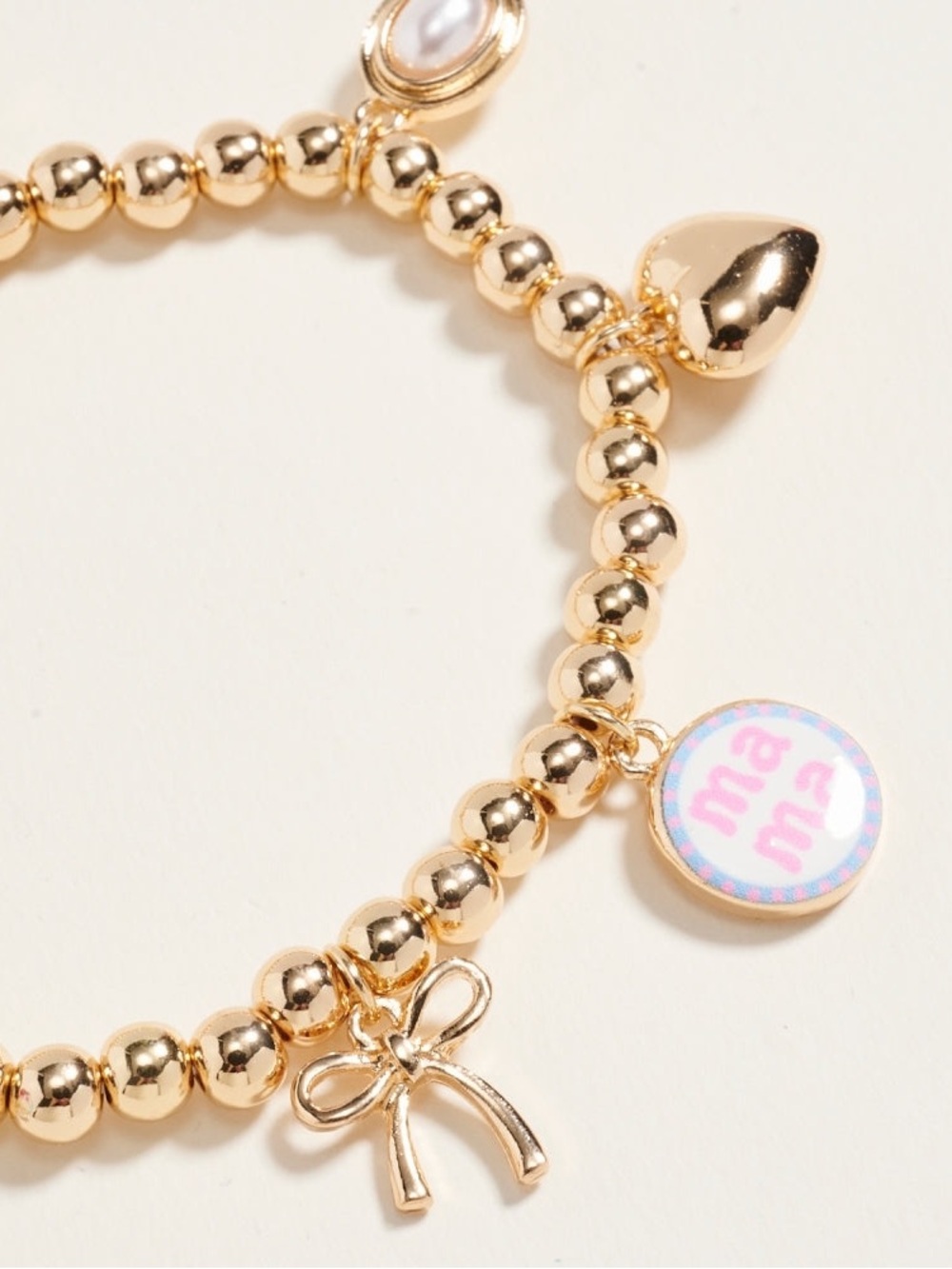 Gold Beaded Charm Bracelet with Hearts, Cross & Bow - Picture 2 of 2